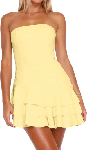 Womens Summer Sexy Strapless Tube Dress Flowy Ruffle Layer Mini Dress Off Shoulder Backless Tiered Short Dresses 2025