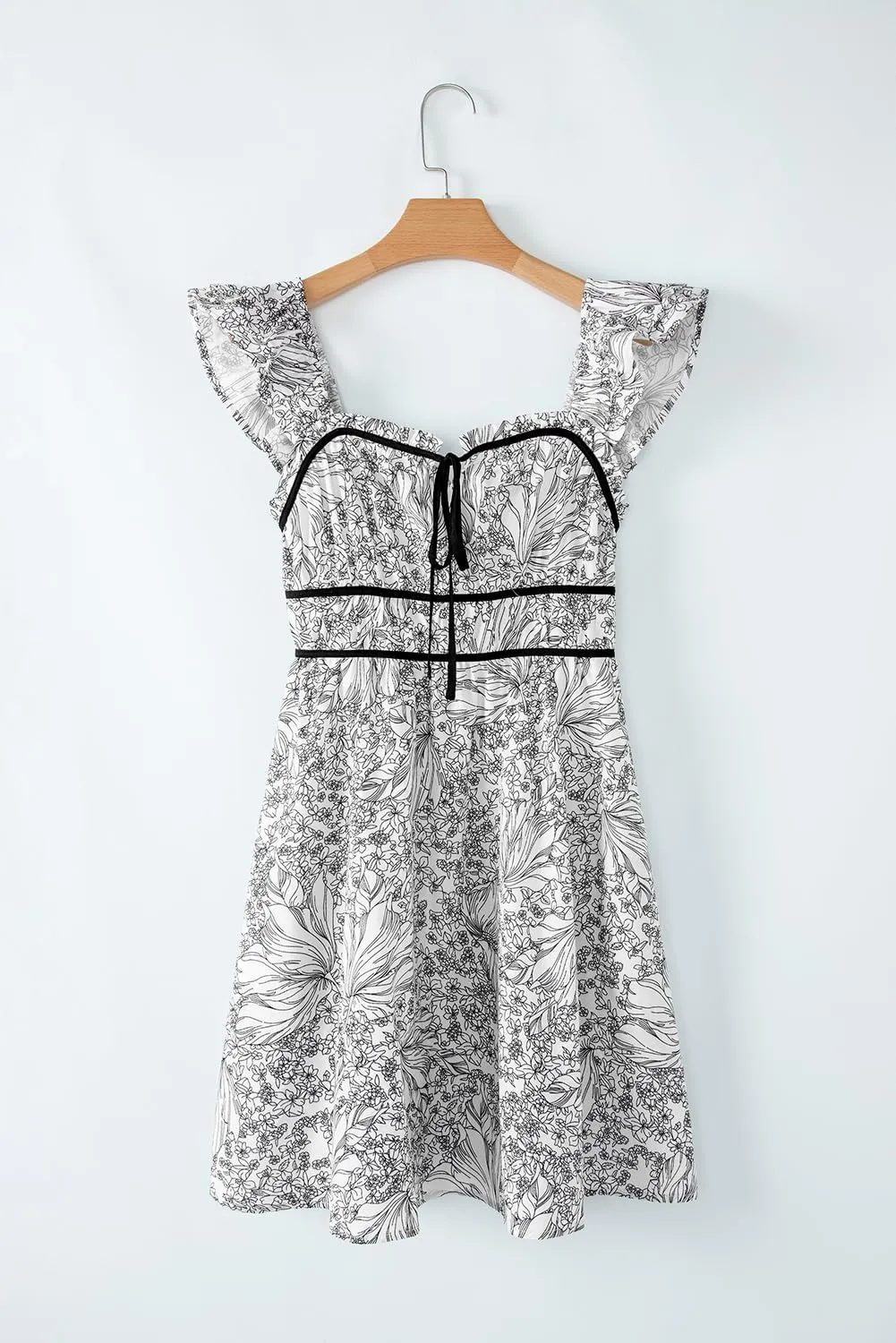 Women's Tie Front Floral Mini Dress Square Neck Cute Ruffle Puff Sleeve Boho Dresses with Pockets