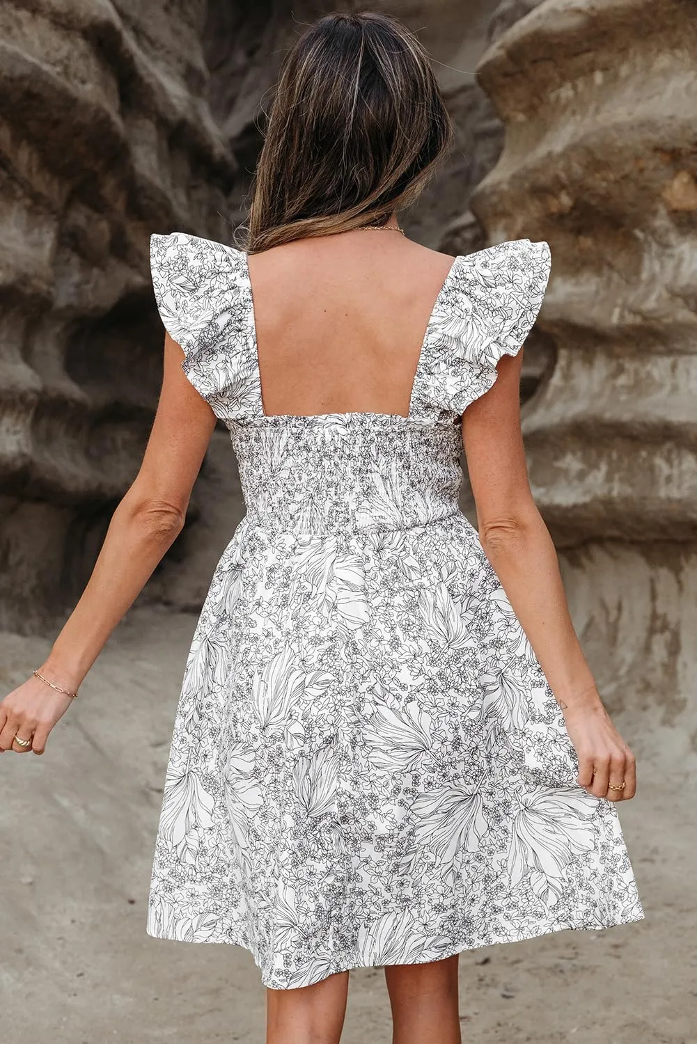 Women's Tie Front Floral Mini Dress Square Neck Cute Ruffle Puff Sleeve Boho Dresses with Pockets