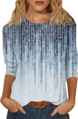 Womens Tops 3/4 Sleeve Crewneck Cute Shirts 2024 Casual Print Trendy Tops Length T Shirt Summer Pullover