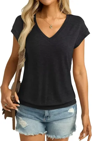Womens V Neck Cap Sleeve T Shirts Banded Bottom Top Loose Fit Short Sleeves Tee Casual Summer Basic Tops 2025