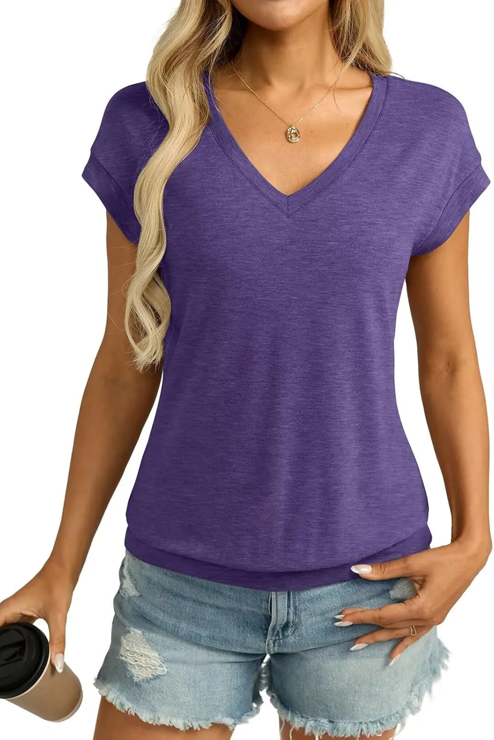 Womens V Neck Cap Sleeve T Shirts Banded Bottom Top Loose Fit Short Sleeves Tee Casual Summer Basic Tops 2025