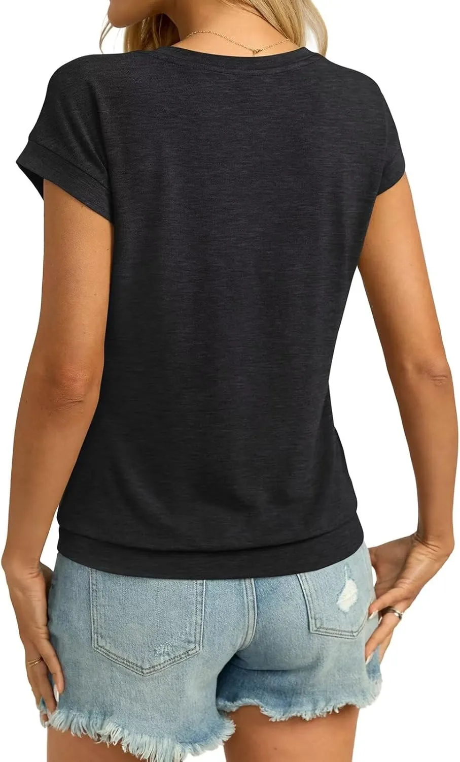 Womens V Neck Cap Sleeve T Shirts Banded Bottom Top Loose Fit Short Sleeves Tee Casual Summer Basic Tops 2025