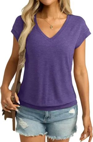 Womens V Neck Cap Sleeve T Shirts Banded Bottom Top Loose Fit Short Sleeves Tee Casual Summer Basic Tops 2025