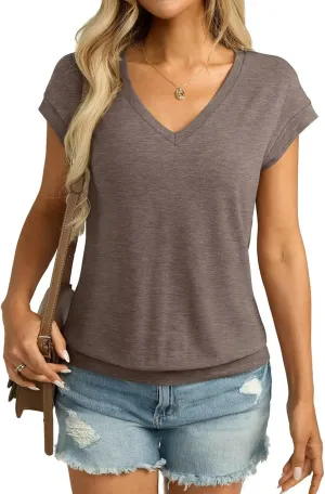 Womens V Neck Cap Sleeve T Shirts Banded Bottom Top Loose Fit Short Sleeves Tee Casual Summer Basic Tops 2025