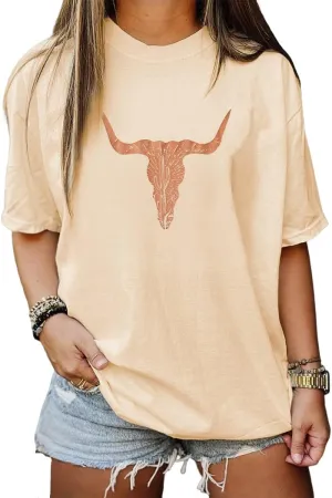 Womens Western Graphic Oversized Tees Cow Shirts Vintage Retro T-Shirts Loose Summer Casual Short Sleeve Tops