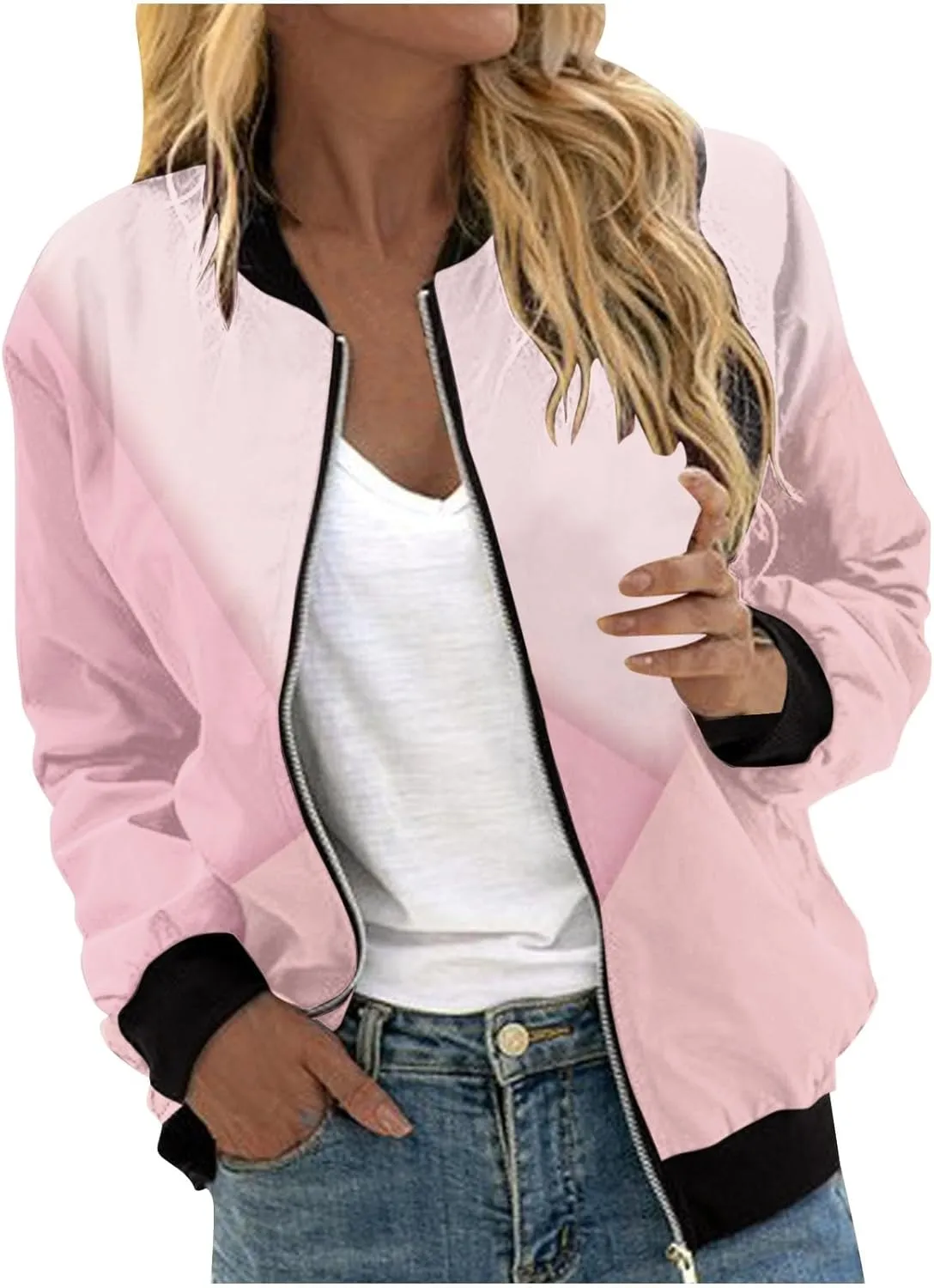 Women's Winter Coats Trendy Color Block Zipper Jackets Long Sleeve Casual Fit Coat with Pockets Outerwear