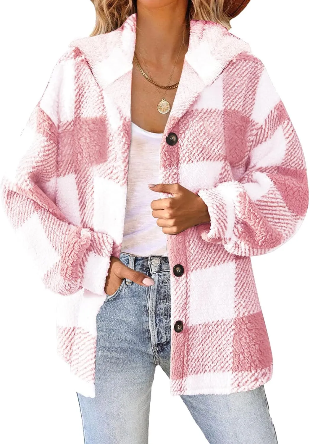 Womens Winter Coats Warm Plush Hooded Jackets Zip Up Button Cardigan Trendy Plaid Fleece Fuzzy Outerwear