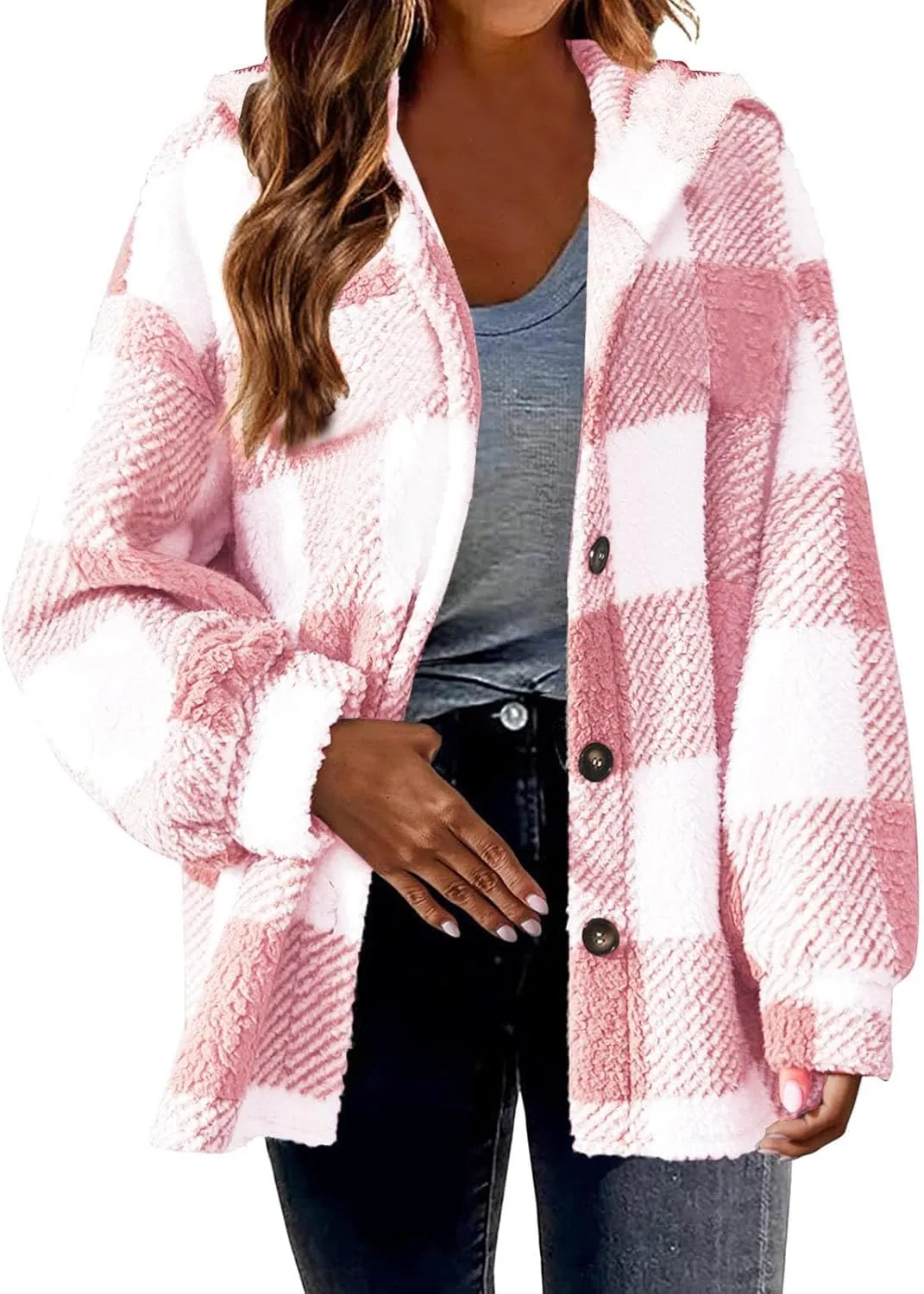 Womens Winter Coats Warm Plush Hooded Jackets Zip Up Button Cardigan Trendy Plaid Fleece Fuzzy Outerwear
