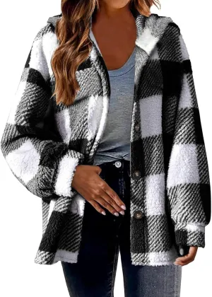 Womens Winter Coats Warm Plush Hooded Jackets Zip Up Button Cardigan Trendy Plaid Fleece Fuzzy Outerwear