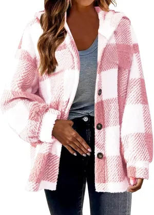 Womens Winter Coats Warm Plush Hooded Jackets Zip Up Button Cardigan Trendy Plaid Fleece Fuzzy Outerwear