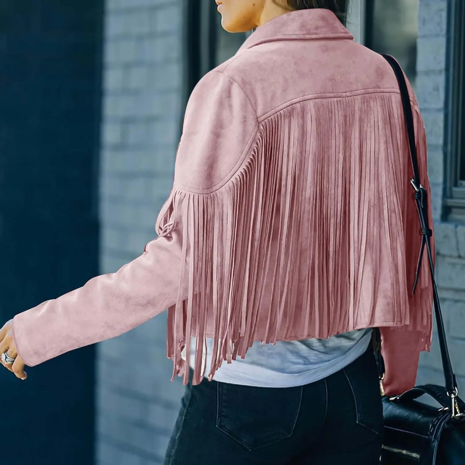 Xiaojmake Women's Fringe Jackets Faux Suede Leather Jackets Tassel Motorcycle Cropped Coats Lapel Open Front Blazer Jacket
