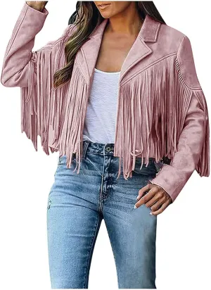 Xiaojmake Women's Fringe Jackets Faux Suede Leather Jackets Tassel Motorcycle Cropped Coats Lapel Open Front Blazer Jacket
