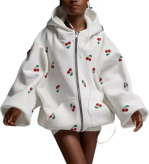 Xunger Women's Cute Cherry Hoodie Long Sleeve Zip Up Printed Jacket Oversized Warm Sweatshirt with Pocket