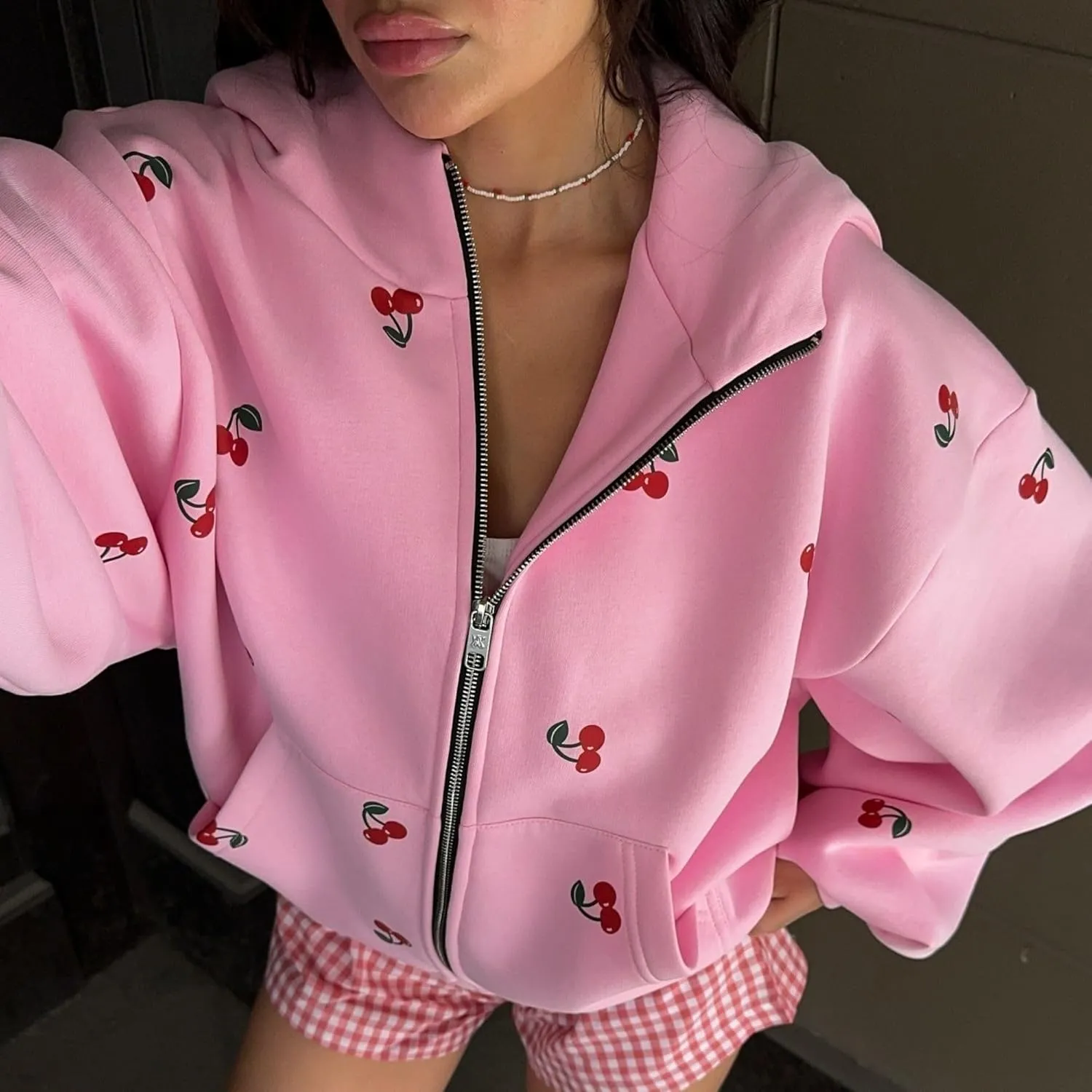 Xunger Women's Cute Cherry Hoodie Long Sleeve Zip Up Printed Jacket Oversized Warm Sweatshirt with Pocket