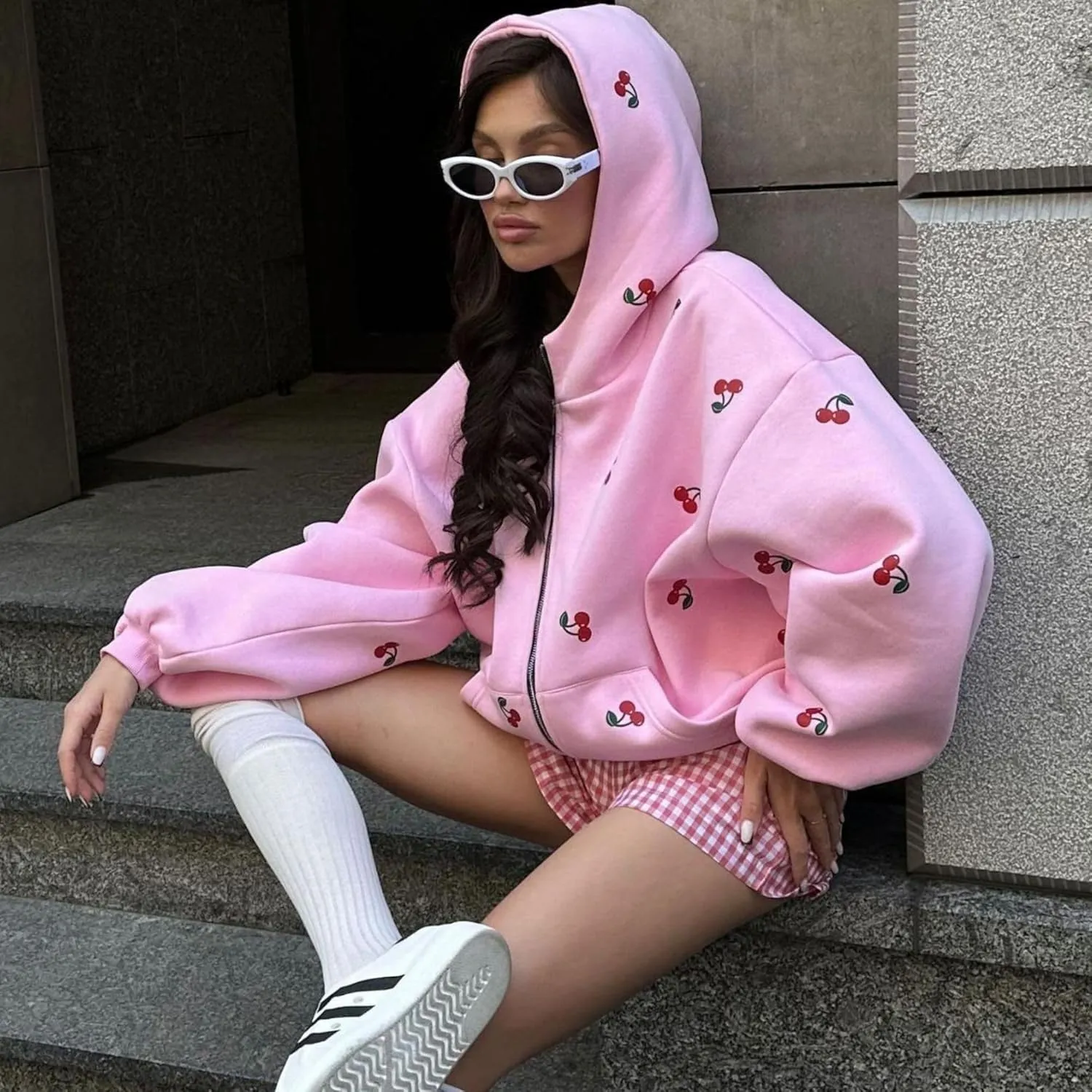 Xunger Women's Cute Cherry Hoodie Long Sleeve Zip Up Printed Jacket Oversized Warm Sweatshirt with Pocket