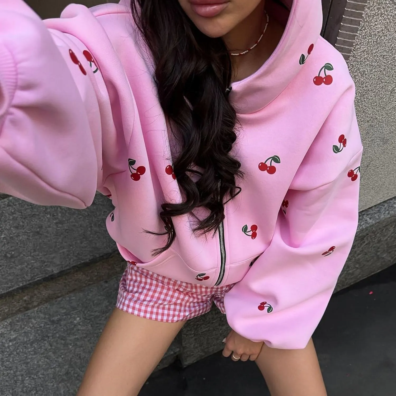 Xunger Women's Cute Cherry Hoodie Long Sleeve Zip Up Printed Jacket Oversized Warm Sweatshirt with Pocket