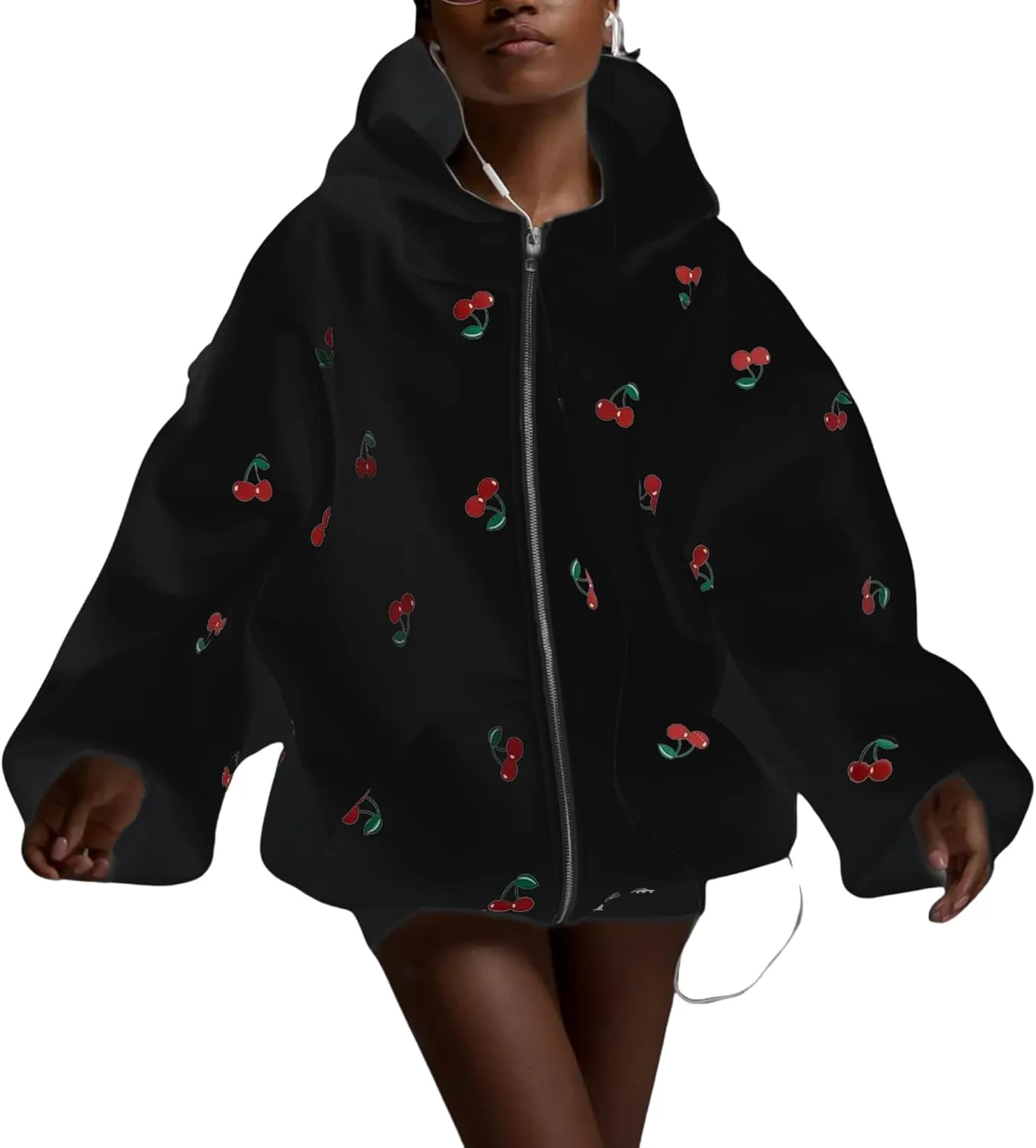 Xunger Women's Cute Cherry Hoodie Long Sleeve Zip Up Printed Jacket Oversized Warm Sweatshirt with Pocket