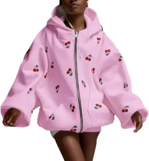 Xunger Women's Cute Cherry Hoodie Long Sleeve Zip Up Printed Jacket Oversized Warm Sweatshirt with Pocket