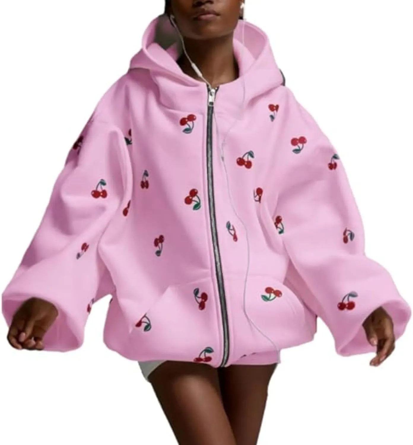 Xunger Women's Cute Cherry Hoodie Long Sleeve Zip Up Printed Jacket Oversized Warm Sweatshirt with Pocket