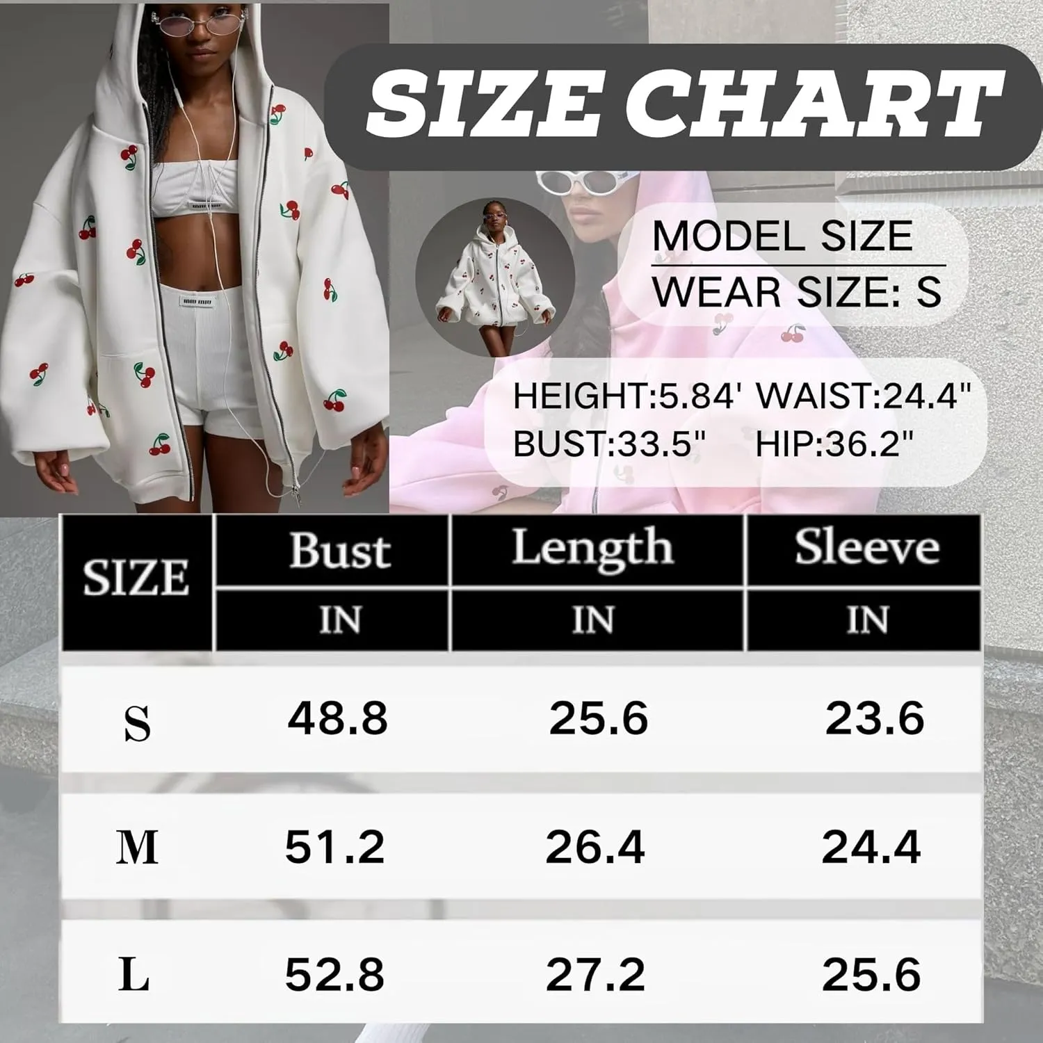 Xunger Women's Cute Cherry Hoodie Long Sleeve Zip Up Printed Jacket Oversized Warm Sweatshirt with Pocket