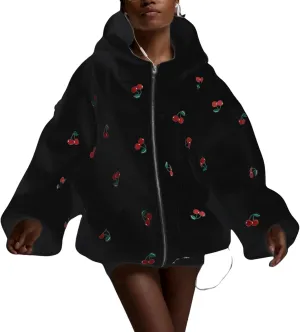 Xunger Women's Cute Cherry Hoodie Long Sleeve Zip Up Printed Jacket Oversized Warm Sweatshirt with Pocket