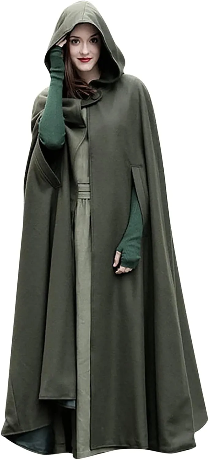 XUNRYAN Women's Wool Blend Capes Hooded Cloak Outwear Poncho Open Front Cardigan Autumn Winter Maxi Long Trench Coat