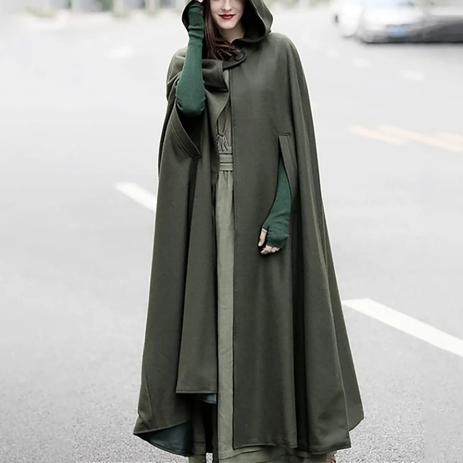 XUNRYAN Women's Wool Blend Capes Hooded Cloak Outwear Poncho Open Front Cardigan Autumn Winter Maxi Long Trench Coat