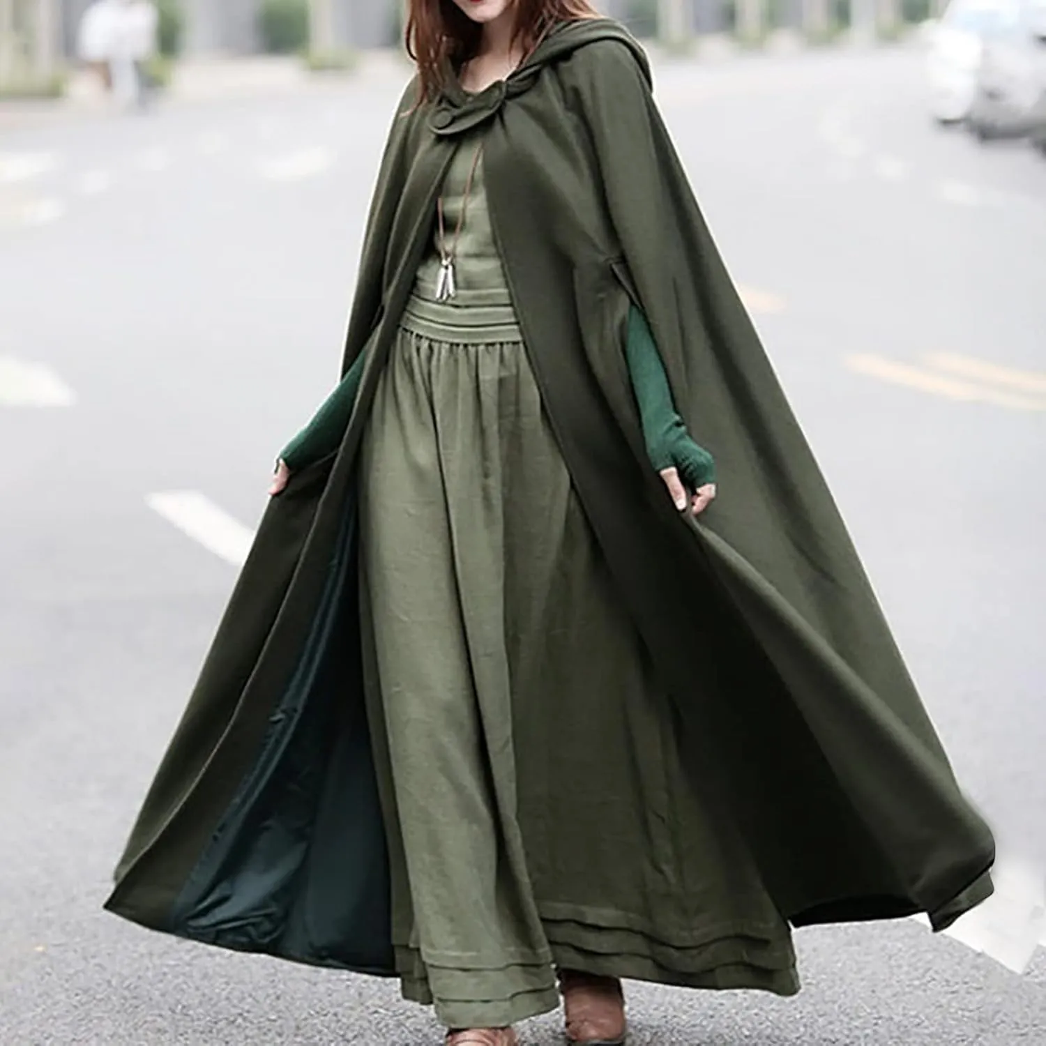 XUNRYAN Women's Wool Blend Capes Hooded Cloak Outwear Poncho Open Front Cardigan Autumn Winter Maxi Long Trench Coat