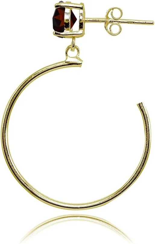 Yellow Gold Flashed Sterling Silver 6mm Gemstone Dangling Round Half Hoop Stud Earrings
