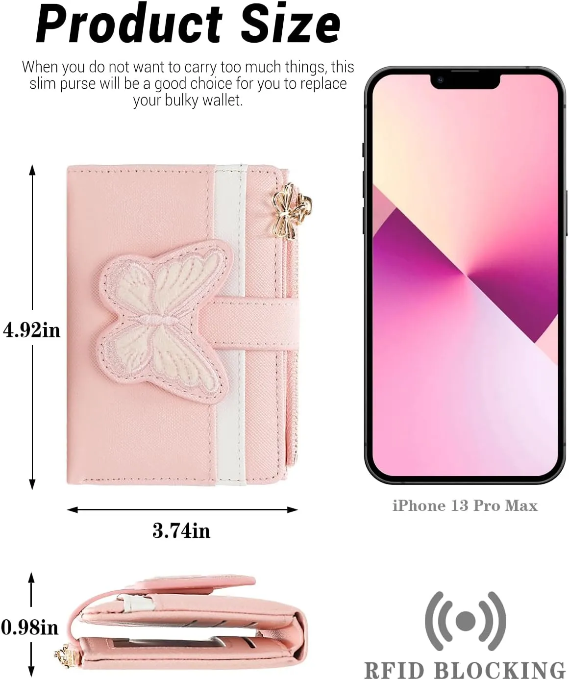 YINHEXI RFID Womens Wallet, Butterfly Slim PU Leather Bifold with Zipper Coin Pocket & ID Window, Credit Card Holder, Butterfly Gift for Ladies, Teen Girls (Begonia Pink-2)