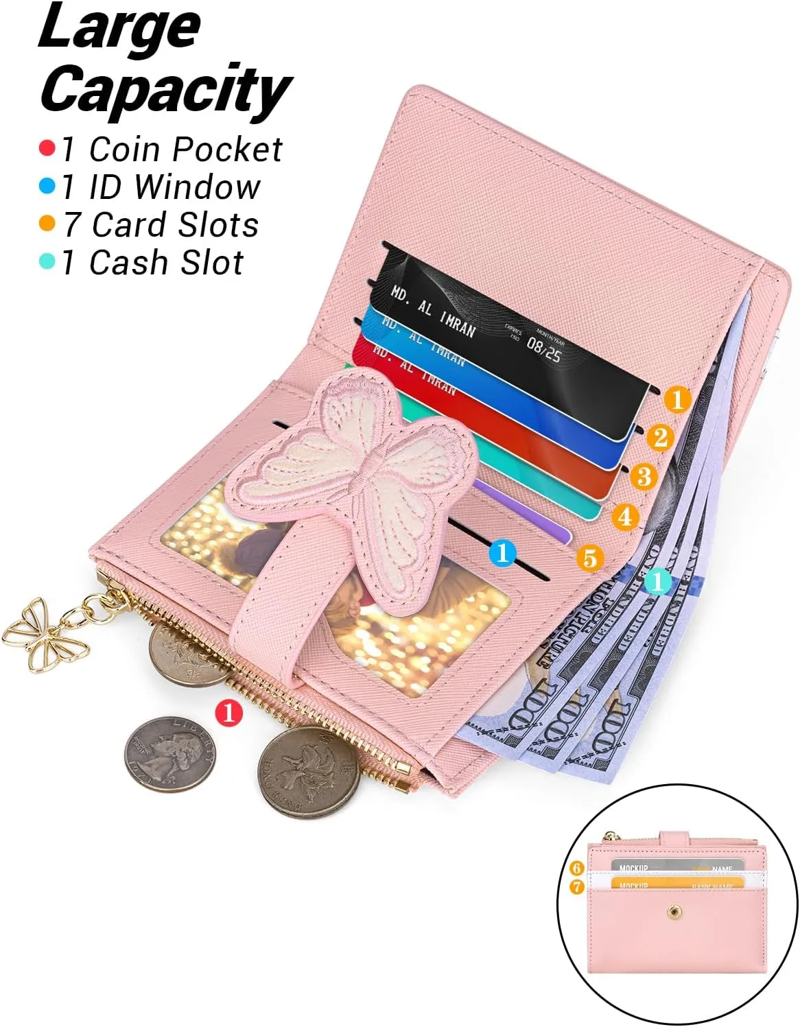 YINHEXI RFID Womens Wallet, Butterfly Slim PU Leather Bifold with Zipper Coin Pocket & ID Window, Credit Card Holder, Butterfly Gift for Ladies, Teen Girls (Begonia Pink-2)