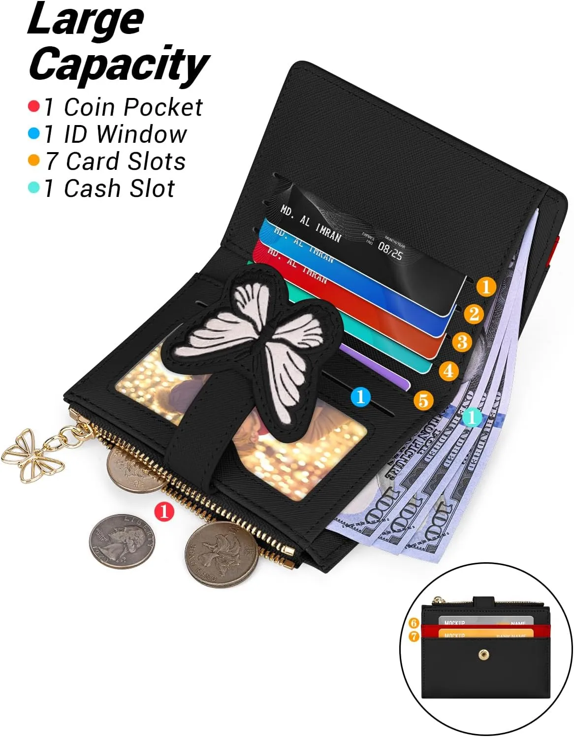 YINHEXI RFID Womens Wallet, Butterfly Slim PU Leather Bifold with Zipper Coin Pocket & ID Window, Credit Card Holder, Butterfly Gift for Ladies, Teen Girls (Black-2)