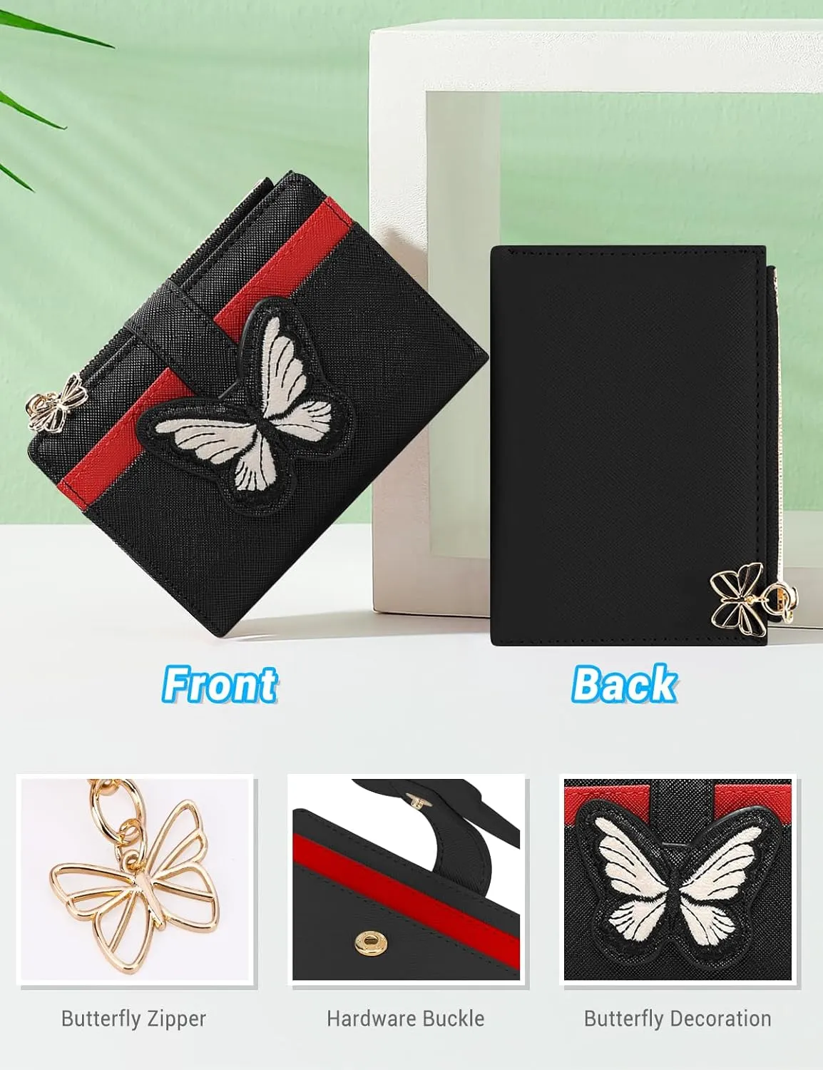 YINHEXI RFID Womens Wallet, Butterfly Slim PU Leather Bifold with Zipper Coin Pocket & ID Window, Credit Card Holder, Butterfly Gift for Ladies, Teen Girls (Black-2)