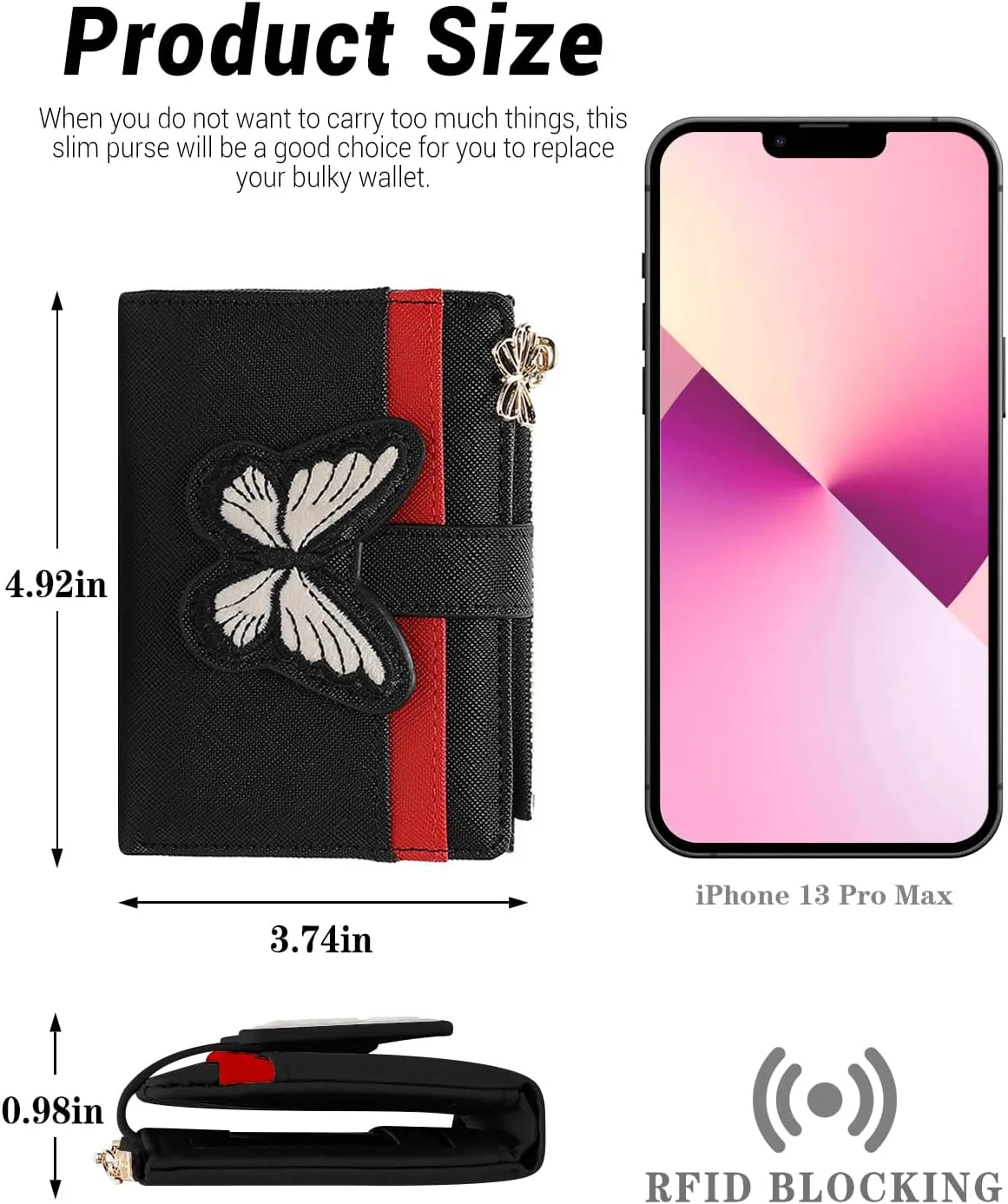 YINHEXI RFID Womens Wallet, Butterfly Slim PU Leather Bifold with Zipper Coin Pocket & ID Window, Credit Card Holder, Butterfly Gift for Ladies, Teen Girls (Black-2)
