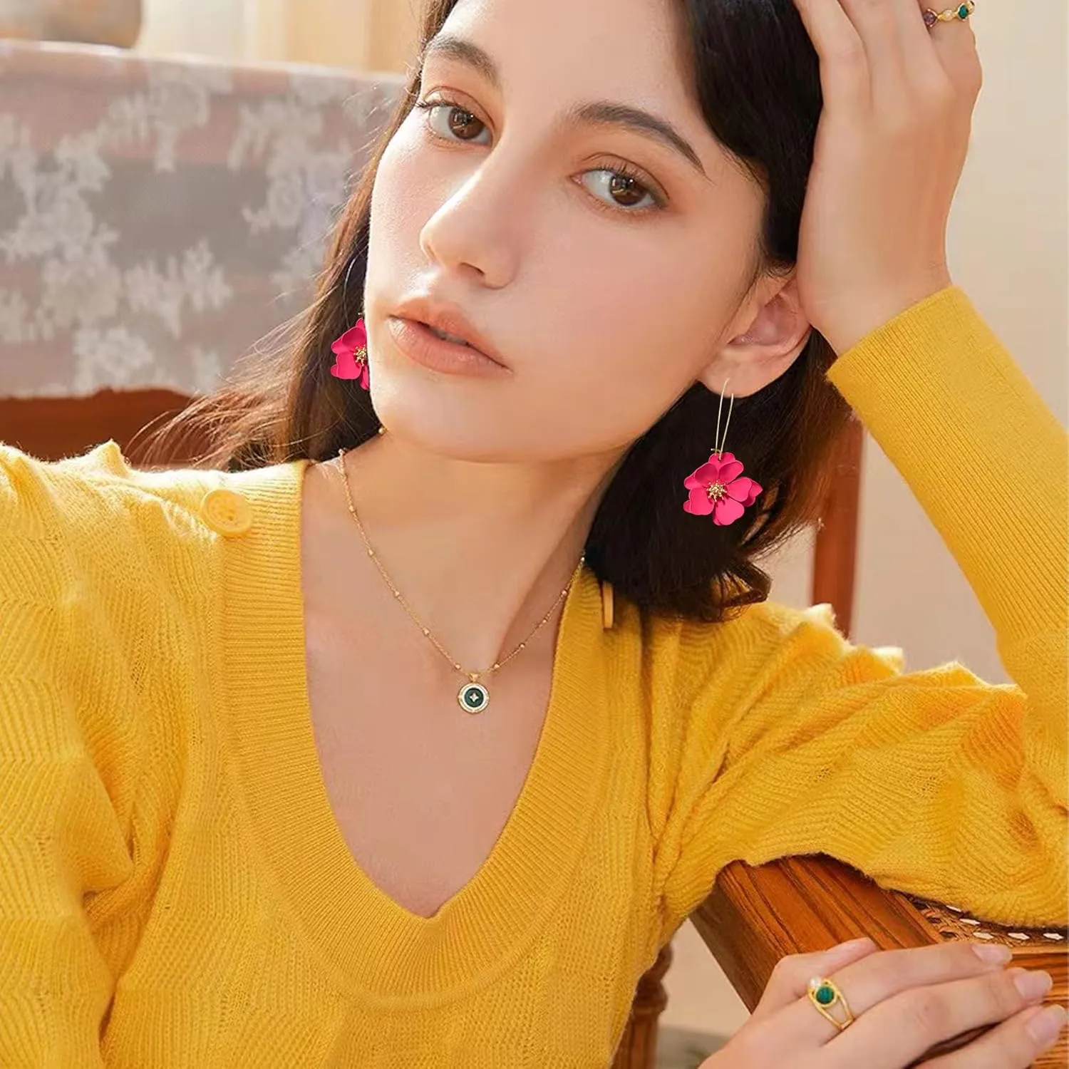 YUNXI Unique Boho Flower Dangle Earrings Exaggerated Layered Floral Petal Drop Dangle Statement Stud Earring for Women Jewelry with Box
