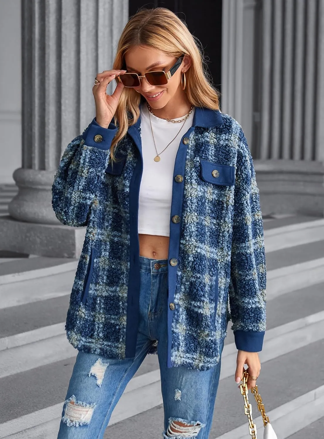 ZAFUL Women's Plaid Fleece Lined Hooded Jacket Button Up Oversized Fuzzy Coat Checkered Flannel Hoodie Jacket