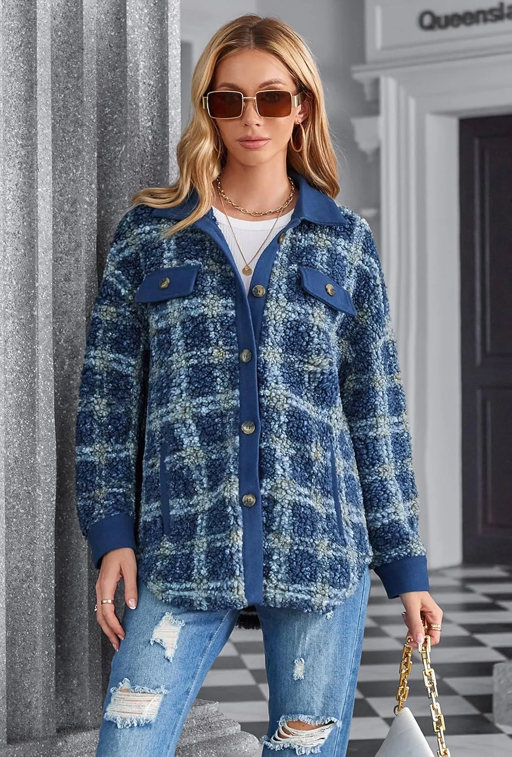 ZAFUL Women's Plaid Fleece Lined Hooded Jacket Button Up Oversized Fuzzy Coat Checkered Flannel Hoodie Jacket
