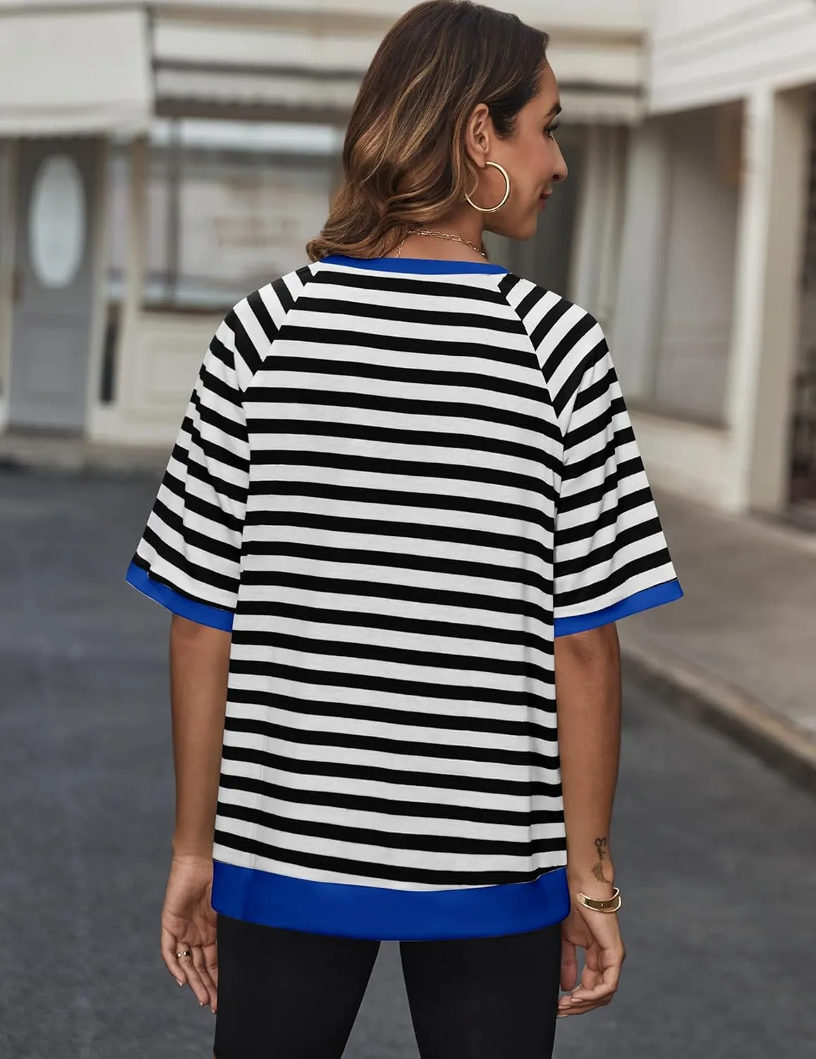 Zeagoo Women Striped T Shirts Oversized Crewneck Short Sleeve Tops Summer Casual Blouse Color Block Basic Tee S-XXL