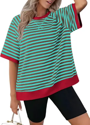 Zeagoo Women Striped T Shirts Oversized Crewneck Short Sleeve Tops Summer Casual Blouse Color Block Basic Tee S-XXL