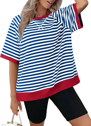 Zeagoo Women Striped T Shirts Oversized Crewneck Short Sleeve Tops Summer Casual Blouse Color Block Basic Tee S-XXL