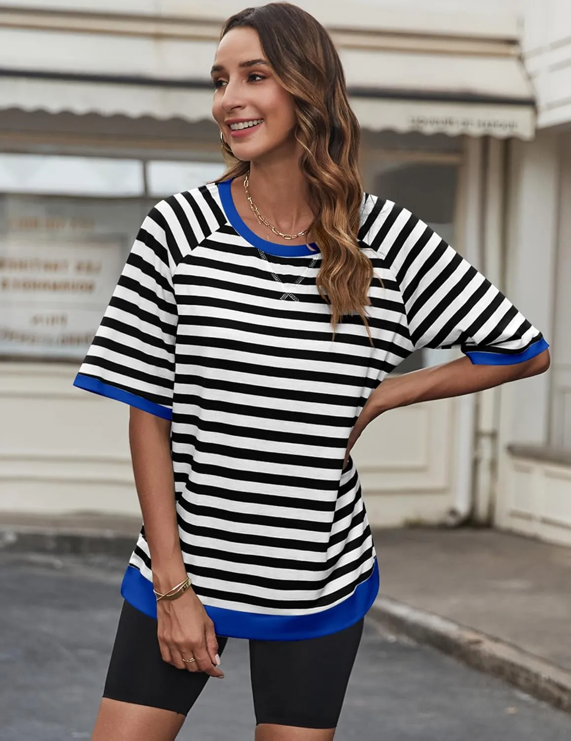 Zeagoo Women Striped T Shirts Oversized Crewneck Short Sleeve Tops Summer Casual Blouse Color Block Basic Tee S-XXL
