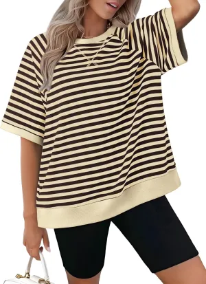 Zeagoo Women Striped T Shirts Oversized Crewneck Short Sleeve Tops Summer Casual Blouse Color Block Basic Tee S-XXL