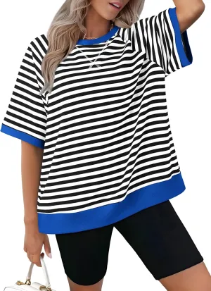 Zeagoo Women Striped T Shirts Oversized Crewneck Short Sleeve Tops Summer Casual Blouse Color Block Basic Tee S-XXL