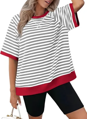 Zeagoo Women Striped T Shirts Oversized Crewneck Short Sleeve Tops Summer Casual Blouse Color Block Basic Tee S-XXL