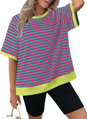 Zeagoo Women Striped T Shirts Oversized Crewneck Short Sleeve Tops Summer Casual Blouse Color Block Basic Tee S-XXL