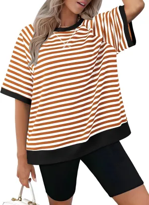 Zeagoo Women Striped T Shirts Oversized Crewneck Short Sleeve Tops Summer Casual Blouse Color Block Basic Tee S-XXL