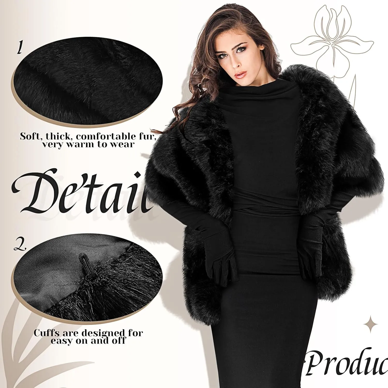 Zhanmai Winter Faux Fur Long Shawl Cloak Stretchy Satin Glove Opera Bridal Dance Gloves for Women Wedding Dress Party Coat