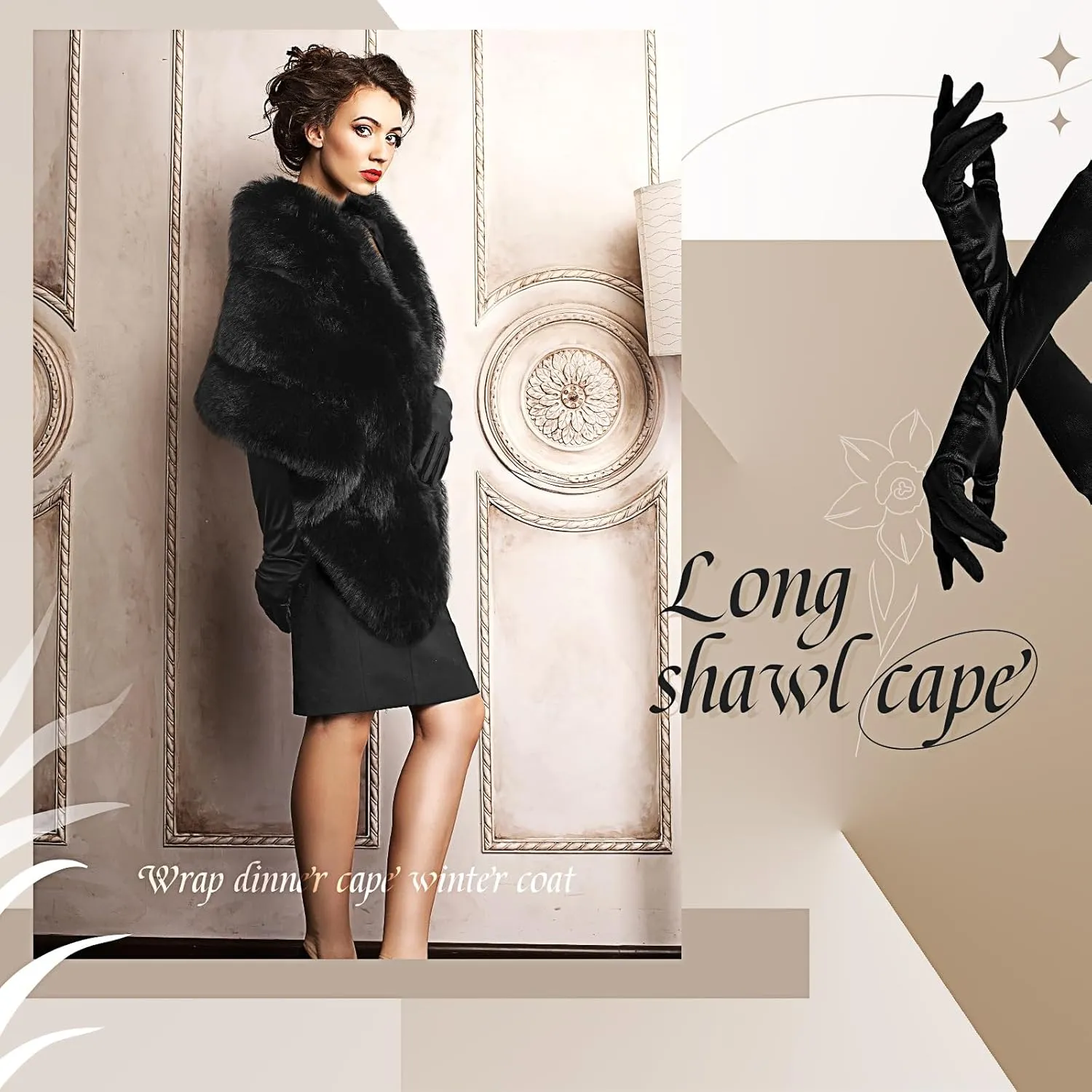 Zhanmai Winter Faux Fur Long Shawl Cloak Stretchy Satin Glove Opera Bridal Dance Gloves for Women Wedding Dress Party Coat