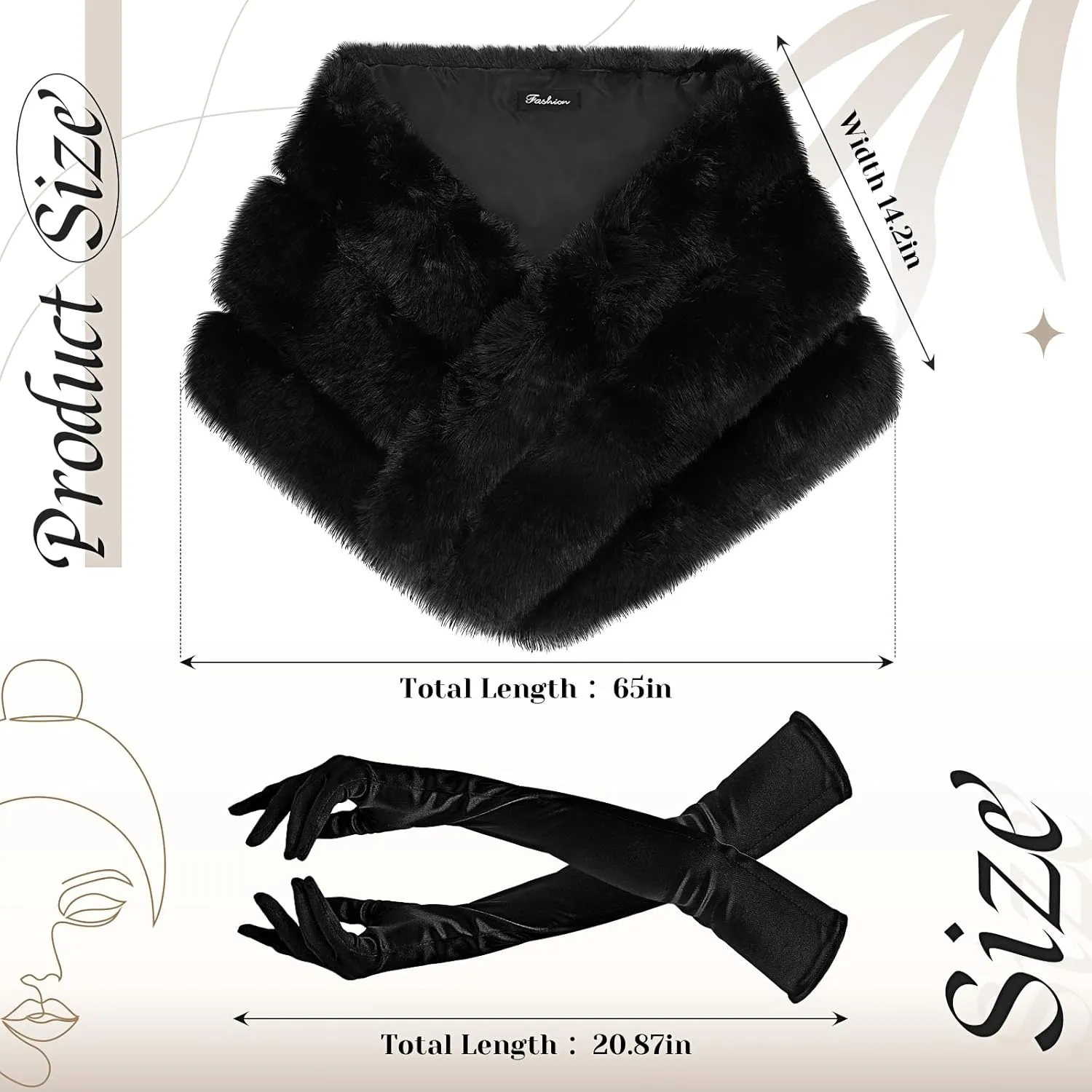 Zhanmai Winter Faux Fur Long Shawl Cloak Stretchy Satin Glove Opera Bridal Dance Gloves for Women Wedding Dress Party Coat